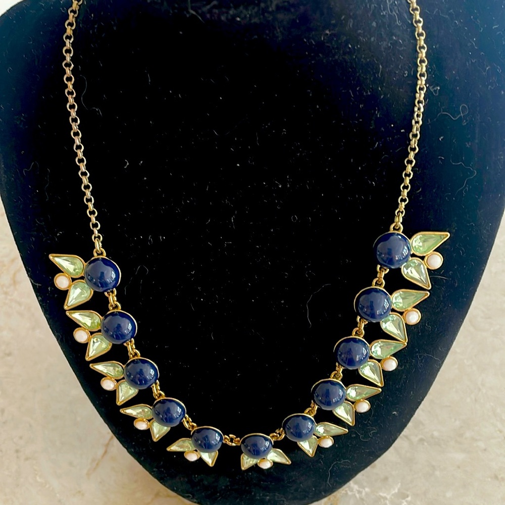 Vintage Jcrew blue and green enameled and crystal necklace